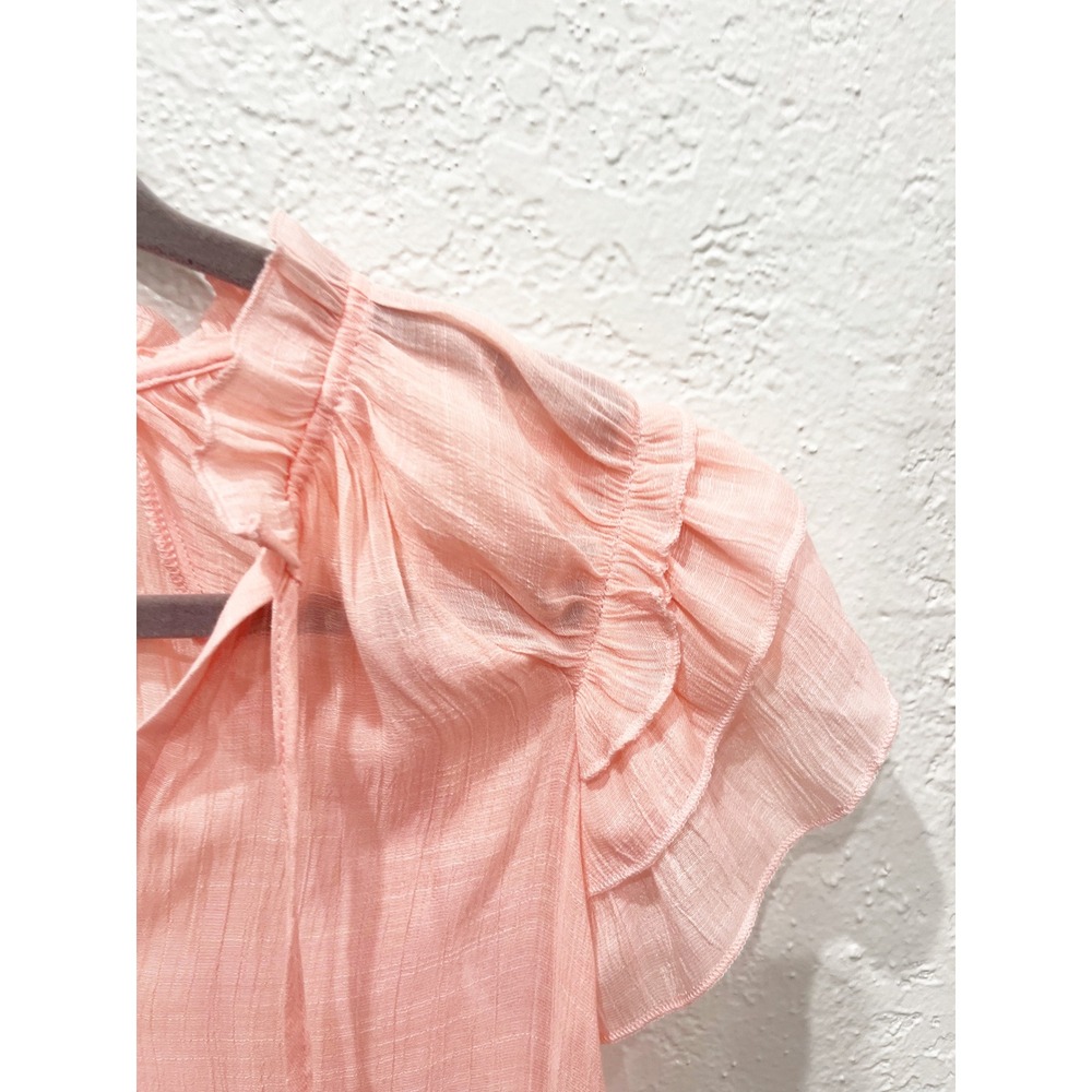 Pink Ruffle Flutter Sleeve V-Neck Tie Blouse‎ Textured Pleated Top Small - Picture 5 of 7